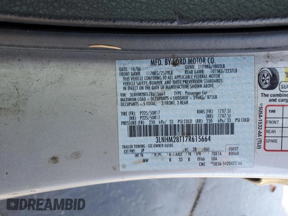 2007 Lincoln MKZ with VIN 3LNHM28T17R615664, listed as a Copart auction lot 50641175 with 199,979 mi miles and Salvage Title. Bid and sale history available at carsss.com. Image 14.