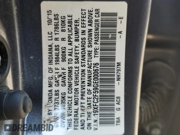 2016 Honda Civic LX with VIN 19XFC2F59GE000676, listed as a Copart auction lot 52915665 with 52,891 mi miles and Salvage Title. Bid and sale history available at carsss.com. Image 12.