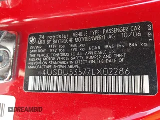 2007 BMW Z4 3.0si with VIN 4USBU53577LX02286, listed as a IAAI auction lot 42531826 with 110,423 mi miles and . Bid and sale history available at DreamBid. Image 9.