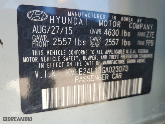 2016 Hyundai Sonata Hybrid SE with VIN KMHE24L13GA023073, listed as a Copart auction lot 50580835 with 82,450 mi miles and Salvage Title. Bid and sale history available at carsss.com. Image 12.