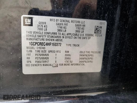 2017 Chevrolet Silverado 1500 LT with VIN 1GCPCREC4HF160372, listed as a Copart auction lot 69954784 with 154,585 mi miles and Salvage Title. Bid and sale history available at DreamBid. Image 12.