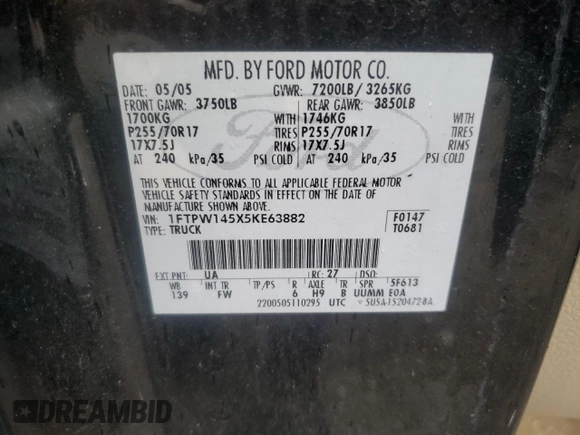 2005 Ford F-150 XLT with VIN 1FTPW145X5KE63882, listed as a Copart auction lot 63299475 with 204,166 mi miles and Salvage title. Bid and sale history available at DreamBid. Image 13.