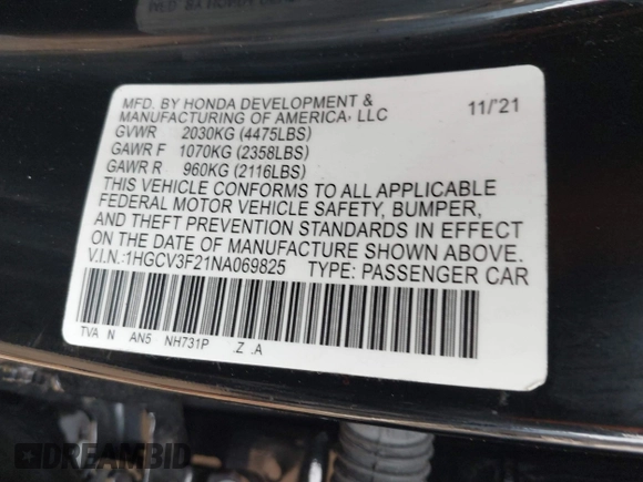 2021 Honda Accord Sport with VIN 1HGCV2F38MA018937, listed as a IAAI auction lot 41898934 with 31,643 mi miles and . Bid and sale history available at DreamBid. Image 9.
