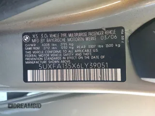 2006 BMW X5 3.0i with VIN 5UXFA135X6LY39051, listed as a Copart auction lot 76053444 with 175,545 mi miles and Salvage Title. Bid and sale history available at carsss.com. Image 12.