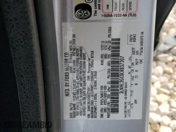 2012 Lincoln MKZ with VIN 3LNHL2GC0CR837207, listed as a Copart auction lot 49104345 with 121,647 mi miles and Salvage Title. Bid and sale history available at DreamBid. Image 14.