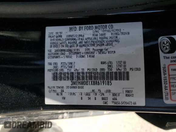 2008 Mercury Milan Premier with VIN 3MEHM081X8R619185, listed as a Copart auction lot 53392205 with 202,213 mi miles and Salvage title. Bid and sale history available at DreamBid. Image 13.