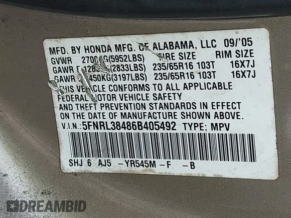 2006 Honda Odyssey EX z VIN 5FNRL38486B405492, wystawiony jako IAAI lot #42351864 z przebiegiem 297 305 mil mil oraz . Historia ofert i sprzedaży dostępna na DreamBid. Obrazek 9.