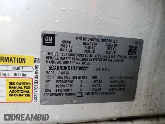 2013 Buick Enclave Premium with VIN 5GAKRDKD1DJ109221, listed as a Copart auction lot 51761505 with Not Provided miles and Salvage Title. Bid and sale history available at DreamBid. Image 14.