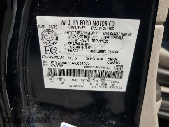 2010 Ford Escape Hybrid with VIN 1FMCU4K38AKC98072, listed as a Copart auction lot 58192375 with 123,958 mi miles and Salvage title. Bid and sale history available at DreamBid. Image 13.