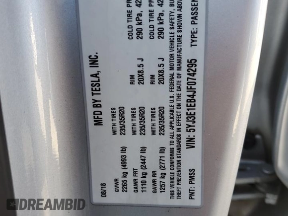 2018 Tesla Model 3 Long Range Battery with VIN 5YJ3E1EB4JF074295, listed as a Copart auction lot 74775384 with 83,515 mi miles and Salvage Title. Bid and sale history available at DreamBid. Image 12.