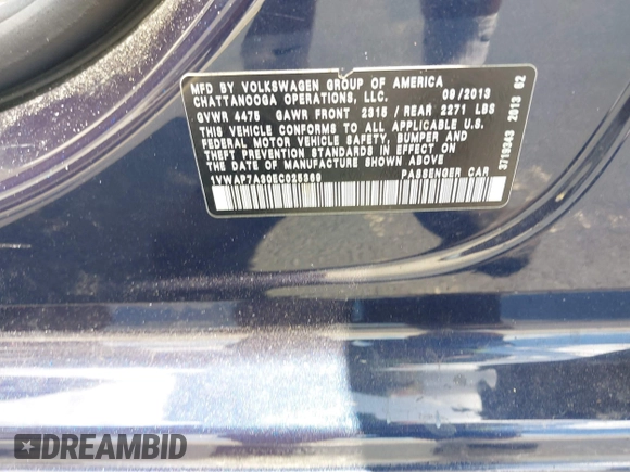 2014 Volkswagen Passat S with VIN 1VWAP7A30EC025369, listed as a IAAI auction lot 42525534 with 169,000 mi miles and . Bid and sale history available at DreamBid. Image 9.