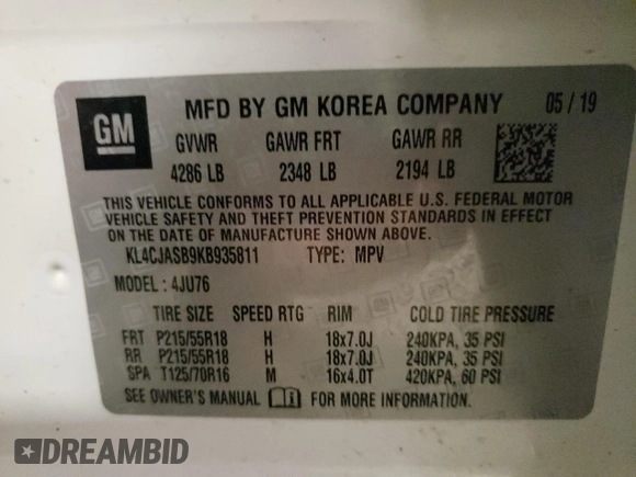 2019 Buick Encore Preferred with VIN KL4CJASB9KB935811, listed as a Copart auction lot 54166495 with 18,221 mi miles and Salvage Title. Bid and sale history available at carsss.com. Image 13.