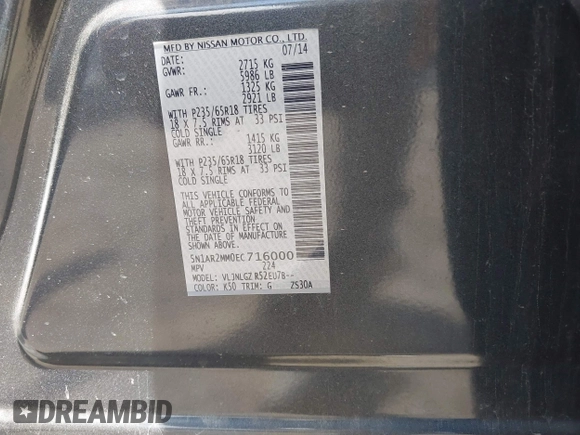 2014 Nissan Pathfinder S with VIN 5N1AR2MM0EC716000, listed as a IAAI auction lot 42182293 with 196,728 mi miles and . Bid and sale history available at DreamBid. Image 9.