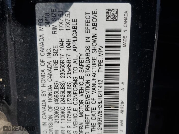 2018 Honda CR-V LX with VIN 2HKRW6H38JH211412, listed as a Copart auction lot 50433105 with 100,487 mi miles and Salvage Title. Bid and sale history available at carsss.com. Image 13.