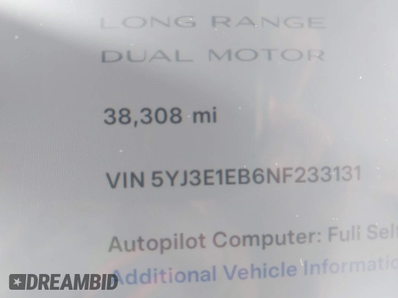 2022 Tesla Model 3 Long Range with VIN 5YJ3E1EB6NF233131, listed as a IAAI auction lot 41819409 with 38,308 mi miles and . Bid and sale history available at DreamBid. Image 14.