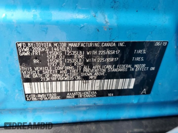 2019 Toyota RAV4 LE with VIN 2T3K1RFV6KW035136, listed as a Copart auction lot 47100395 with 88,568 mi miles and Salvage Title. Bid and sale history available at carsss.com. Image 15.