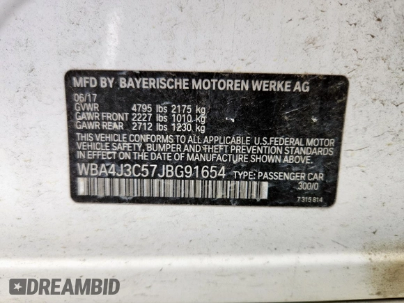 2018 BMW 4 Series 430i xDrive with VIN WBA4J3C57JBG91654, listed as a Copart auction lot 62877135 with 155,583 mi miles and Clean title. Bid and sale history available at DreamBid. Image 12.