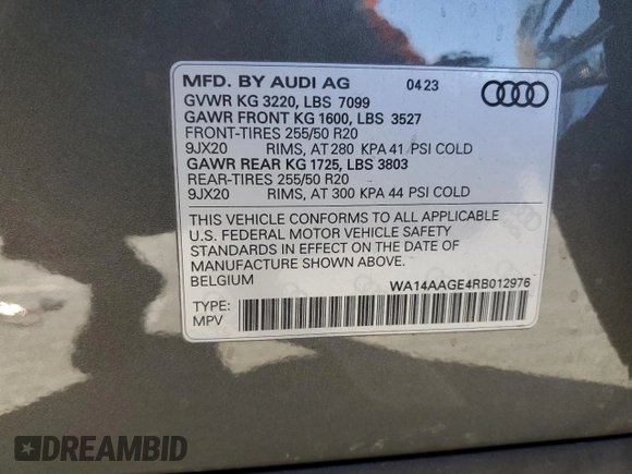 2024 Audi Q8 e-tron Premium z VIN WA14AAGE4RB012976, wystawiony jako Copart lot #46000915 z przebiegiem 42 333 mil mil oraz Szkoda całkowita • Salvage title. Historia ofert i sprzedaży dostępna na DreamBid. Obrazek 14.