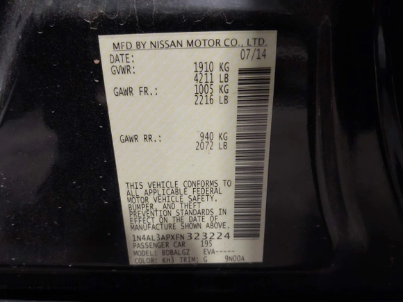 2015 Nissan Altima 2.5 with VIN 1N4AL3APXFN323224, listed as a IAAI auction lot 41703148 with 173,441 mi miles. Bid and sale history available at carsss.com. Image 9.