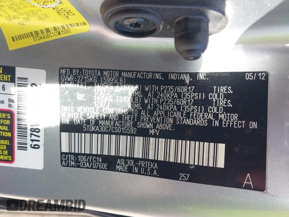 2012 Toyota Sienna with VIN 5TDKA3DC7CS015592, listed as a IAAI auction lot 40839775 with 161,944 mi miles and . Bid and sale history available at DreamBid. Image 9.