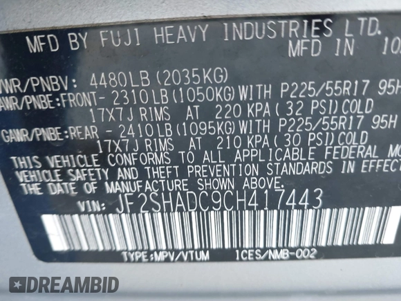 2012 Subaru Forester X Premium with VIN JF2SHADC9CH417443, listed as a IAAI auction lot 41738051 with 100,130 mi miles and . Bid and sale history available at DreamBid. Image 9.