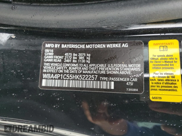 2017 BMW 4 Series 440i with VIN WBA4P1C55HK522257, listed as a Copart auction lot 45650085 with 89,002 mi miles and Salvage Title. Bid and sale history available at carsss.com. Image 12.