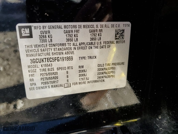 2015 Chevrolet Silverado 1500 High Country with VIN 3GCUKTEC5FG191869, listed as a Copart auction lot 88277275 with 188,336 mi miles and Salvage Title. Bid and sale history available at carsss.com. Image 12.