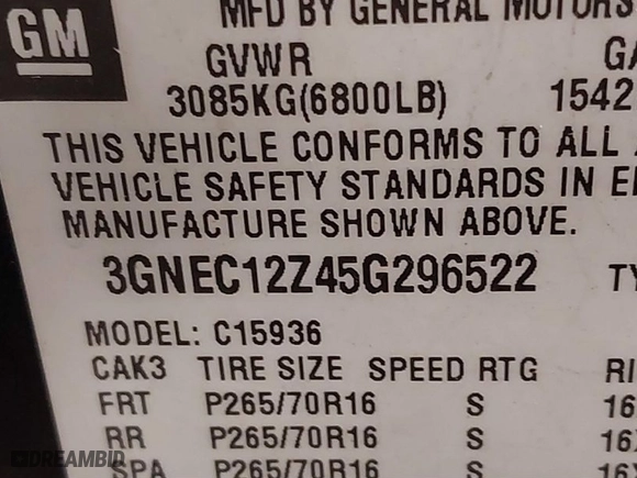 2005 Chevrolet Avalanche LS with VIN 3GNEC12Z45G296522, listed as a IAAI auction lot 41380309 with 245,380 mi miles. Bid and sale history available at carsss.com. Image 9.