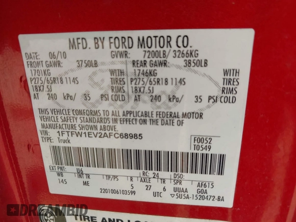 2010 Ford F-150 XL с VIN 1FTFW1EV2AFC68985, выставлен на аукционе IAAI как лот 42485826 с пробегом 238 817 миль миль и . История ставок и продаж доступна на DreamBid. Изображение 9.