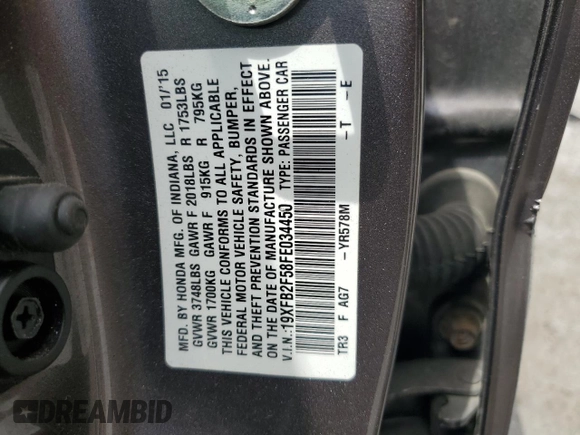 2015 Honda Civic LX with VIN 19XFB2F58FE034450, listed as a Copart auction lot 54475435 with 162,242 mi miles and Salvage Title. Bid and sale history available at carsss.com. Image 12.