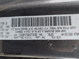 2019 Ram 1500 Limited with VIN 1C6SRFHT6KN773195, listed as a IAAI auction lot 42421233 with 82,506 mi miles and . Bid and sale history available at DreamBid. Image 9.