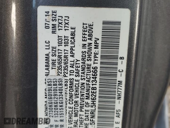 2014 Honda Odyssey EX-L with VIN 5FNRL5H62EB134666, listed as a Copart auction lot 54131675 with 95,919 mi miles and Salvage Title. Bid and sale history available at carsss.com. Image 14.