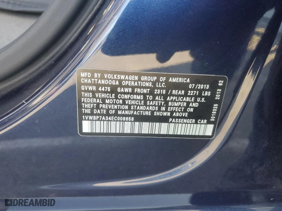 2014 Volkswagen Passat SE with VIN 1VWBP7A34EC008658, listed as a Copart auction lot 53994485 with 99,897 mi miles and Salvage Title. Bid and sale history available at carsss.com. Image 12.