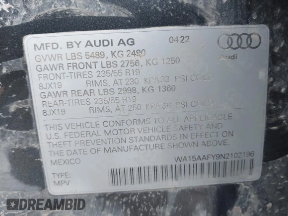 2022 Audi Q5 Sportback S line Premium Plus with VIN WA15AAFY9N2102196, listed as a IAAI auction lot 41458111 with 57,633 mi miles and . Bid and sale history available at DreamBid. Image 9.