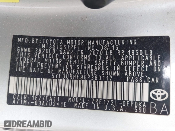 2016 Toyota Corolla L with VIN 5YFBURHE9GP380117, listed as a IAAI auction lot 42297525 with 178,592 mi miles and . Bid and sale history available at DreamBid. Image 9.
