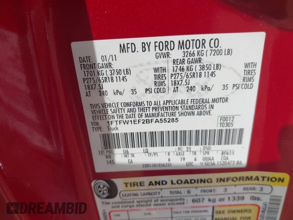2011 Ford F-150 XL с VIN 1FTFW1EF2BFA55285, выставлен на аукционе IAAI как лот 42281413 с пробегом 128 664 миль миль и . История ставок и продаж доступна на DreamBid. Изображение 9.