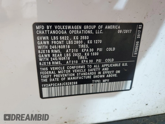 2018 Volkswagen Atlas S z VIN 1V2AP2CA6JC528298, wystawiony jako Copart lot #51115755 z przebiegiem 185 546 mil mil oraz Szkoda całkowita • Salvage title. Historia ofert i sprzedaży dostępna na DreamBid. Obrazek 14.