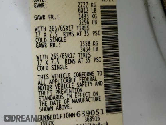 2022 Nissan Frontier SV with VIN 1N6ED1FJ0NN639051, listed as a Copart auction lot 75036784 with Not provided miles and Non repairable. Bid and sale history available at DreamBid. Image 14.