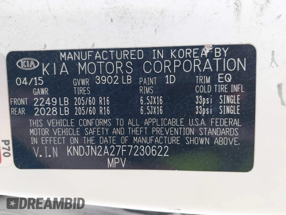 2015 Kia Soul z VIN KNDJN2A27F7230622, wystawiony jako IAAI lot #41598447 z przebiegiem 234 233 mil mil oraz . Historia ofert i sprzedaży dostępna na DreamBid. Obrazek 9.