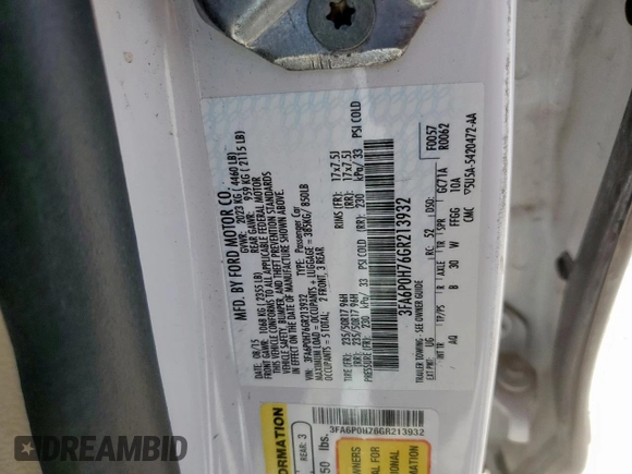 2016 Ford Fusion SE with VIN 3FA6P0H76GR213932, listed as a Copart auction lot 60003385 with 141,060 mi miles and Salvage title. Bid and sale history available at DreamBid. Image 12.