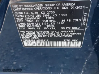 2021 Volkswagen Atlas 3.6L V6 SE w/Technology with VIN 1V2HR2CA1MC559181, listed as a IAAI auction lot 41606635 with 42,890 mi miles. Bid and sale history available at carsss.com. Image 9.