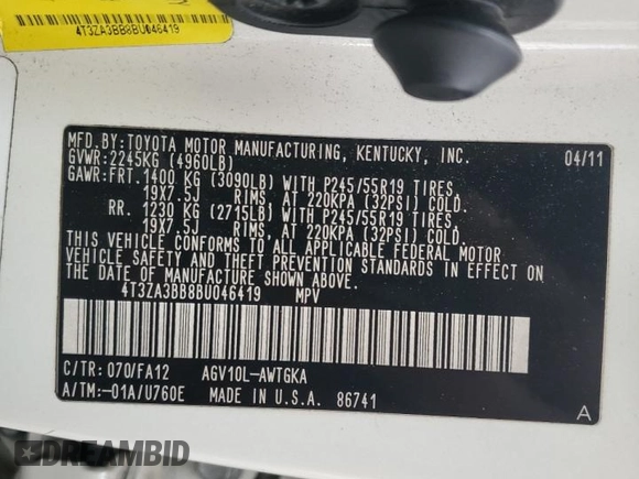 2011 Toyota Venza z VIN 4T3ZA3BB8BU046419, wystawiony jako Copart lot #59768985 z przebiegiem 248 651 mil mil oraz Szkoda całkowita • Salvage title. Historia ofert i sprzedaży dostępna na DreamBid. Obrazek 13.