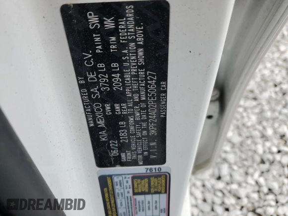 2023 Kia Forte LXS with VIN 3KPF24AD2PE506427, listed as a Copart auction lot 49901935 with 56,734 mi miles and Salvage Title. Bid and sale history available at carsss.com. Image 12.