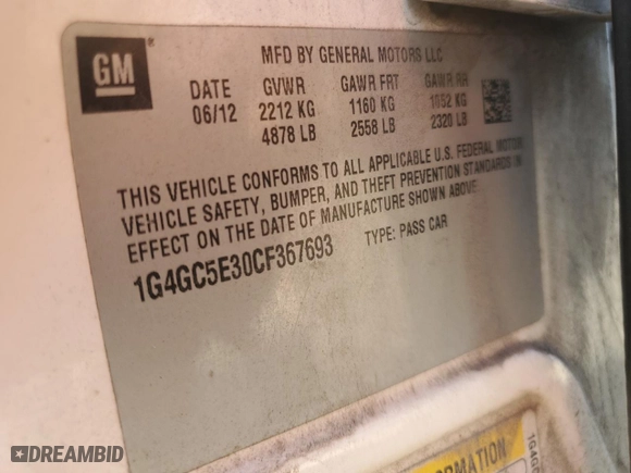 2012 Buick LaCrosse Leather with VIN 1G4GC5E30CF367693, listed as a Copart auction lot 47302355 with 275,089 mi miles and Salvage Title. Bid and sale history available at carsss.com. Image 13.