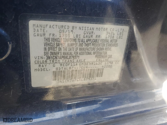 2019 Nissan Versa Sedan SV with VIN 3N1CN7AP6KL879371, listed as a Copart auction lot 82310134 with 40,378 mi miles and Salvage Title. Bid and sale history available at carsss.com. Image 12.