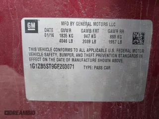 2016 Chevrolet Malibu LS with VIN 1G1ZB5ST9GF203071, listed as a IAAI auction lot 41729441 with 103,102 mi miles. Bid and sale history available at carsss.com. Image 9.