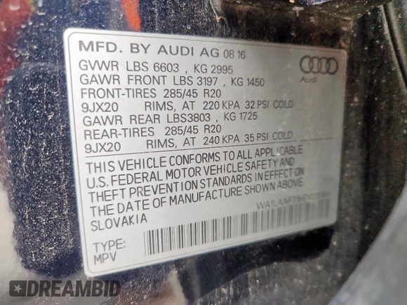 2017 Audi Q7 Premium Plus with VIN WA1LAAF71HD025184, listed as a Copart auction lot 63401355 with 109,933 mi miles and Clean title. Bid and sale history available at DreamBid. Image 13.