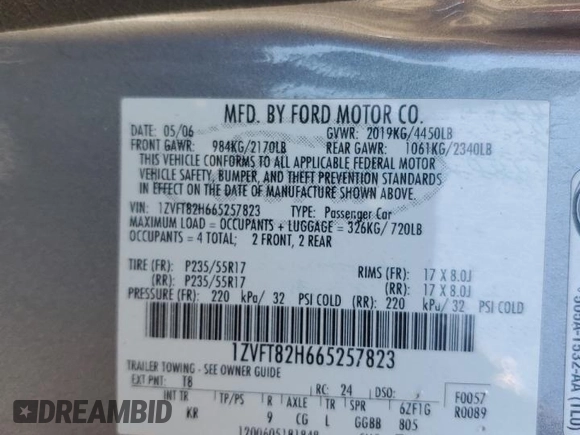2006 Ford Mustang GT Deluxe with VIN 1ZVFT82H665257823, listed as a Copart auction lot 49920895 with 190,865 mi miles and Salvage Title. Bid and sale history available at carsss.com. Image 14.