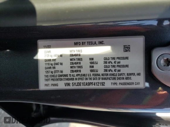 2023 Tesla Model 3 с VIN 5YJ3E1EA9PF412192, выставлен на аукционе Copart как лот 52122045 с пробегом 72 230 миль миль и Списание • Salvage title. История ставок и продаж доступна на DreamBid. Изображение 15.