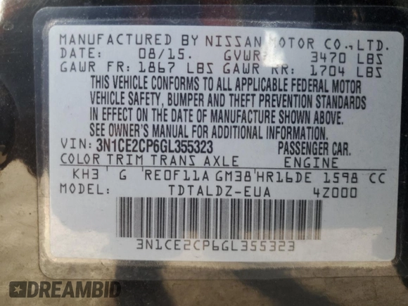 2016 Nissan Note S с VIN 3N1CE2CP6GL355323, выставлен на аукционе Copart как лот 59855485 с пробегом 142 329 миль миль и Списание • Salvage title. История ставок и продаж доступна на DreamBid. Изображение 12.